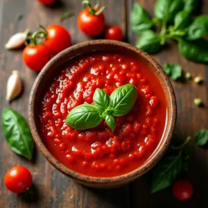 Molho de tomate caseiro com manjericão fresco em uma mesa de madeira rústica.