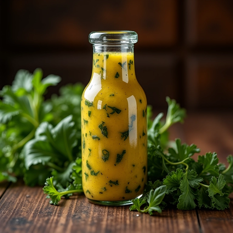 Molho italiano clássico com ervas em garrafa de vidro.
