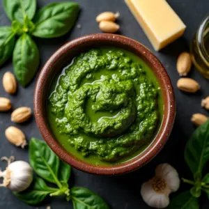 Molho pesto caseiro fresco e aromático em uma tigela rústica.