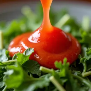 Molho rosê cremoso escorrendo sobre salada fresca e colorida.
