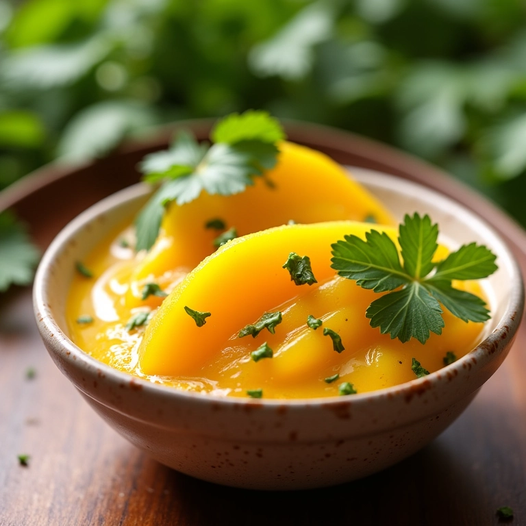 Molho vinagrete agridoce com manga e maracujá.