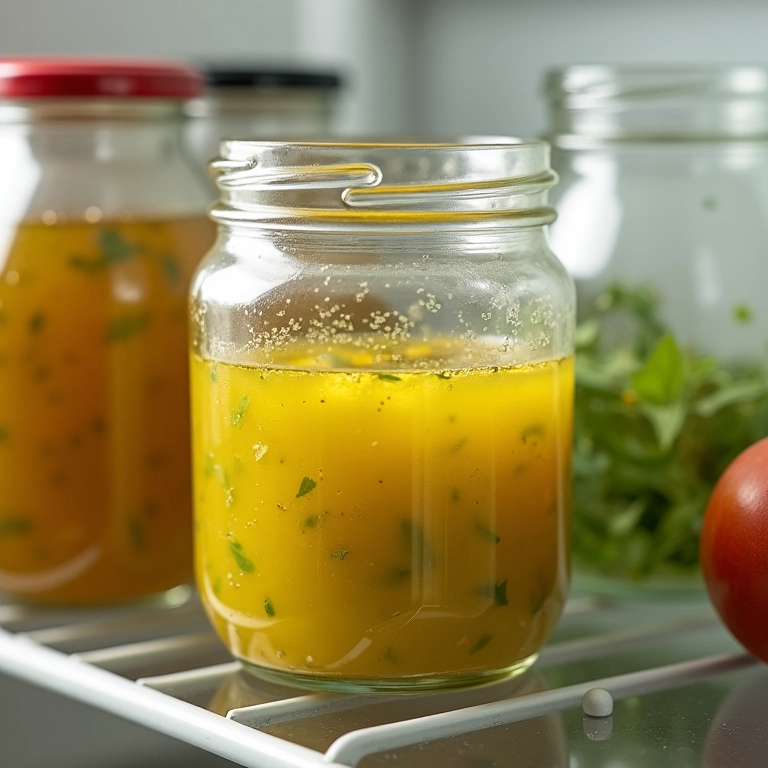 Molho vinagrete caseiro armazenado na geladeira.