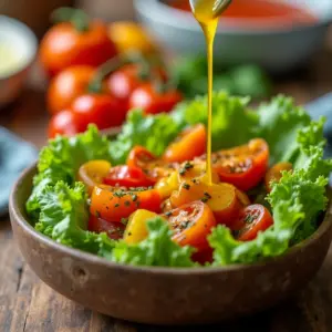 Molho vinagrete caseiro vibrante sobre salada fresca.