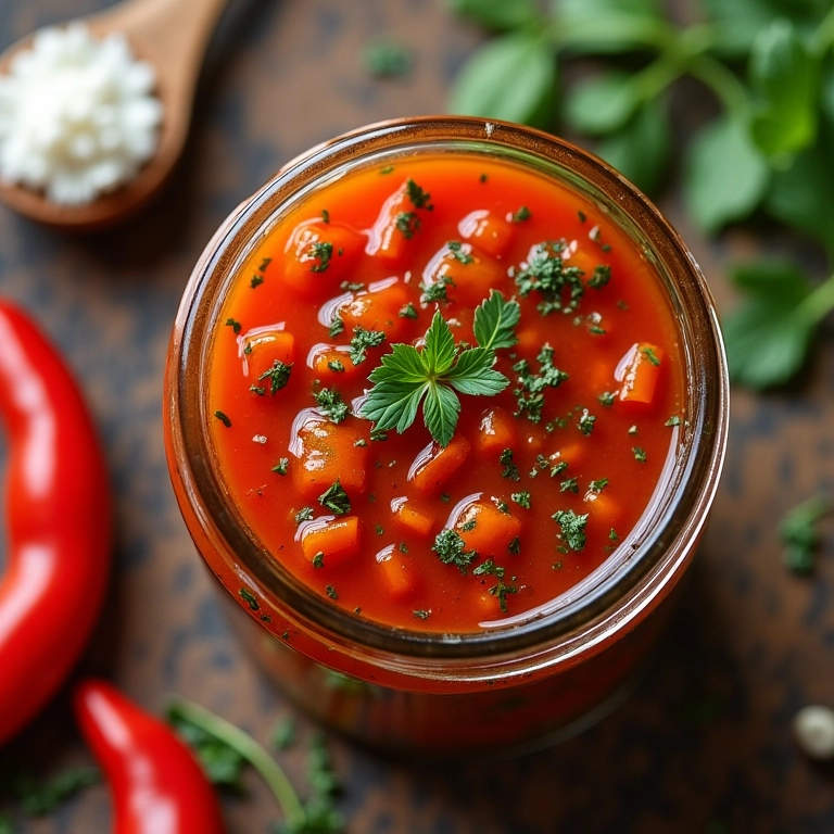 Molho vinagrete com pimentão defumado em pote de vidro.