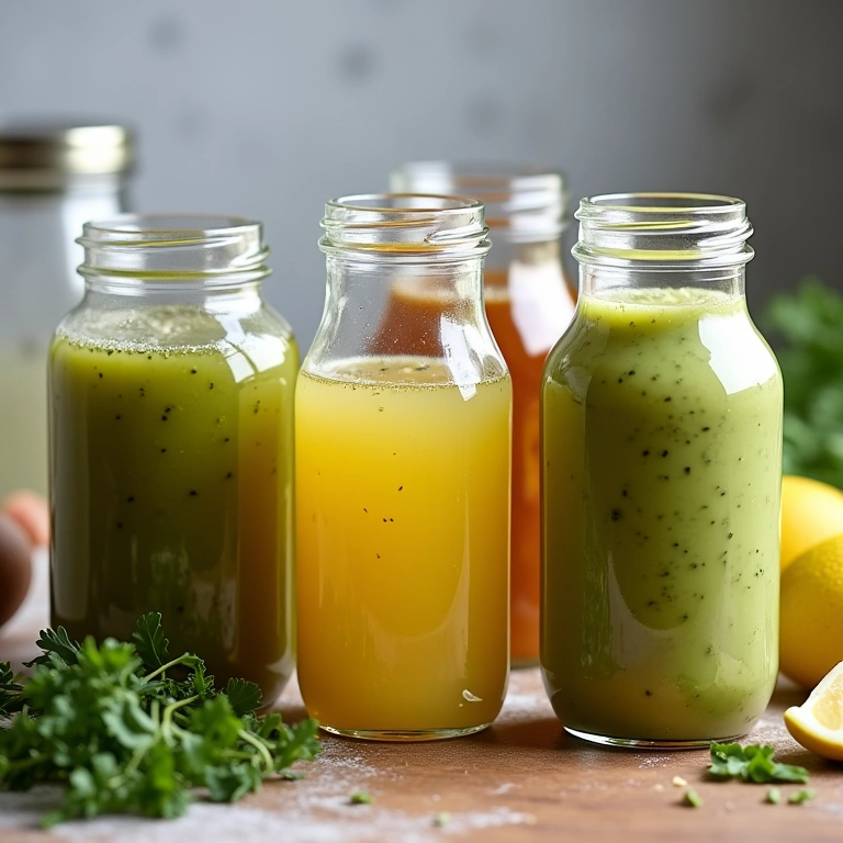 Molhos caseiros para salada em potes de vidro, opções frescas e saudáveis.
