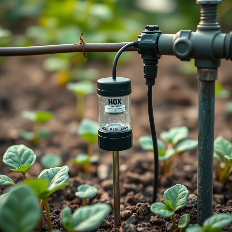 Monitoramento da umidade do solo com sensor conectado ao sistema de gotejamento.
