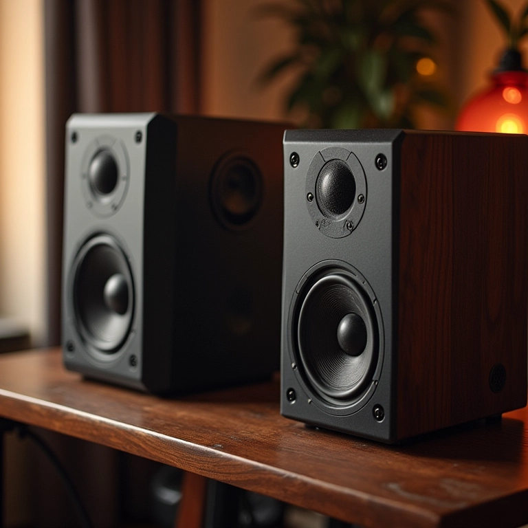 Monitores de áudio Yamaha HS5 em estúdio doméstico.