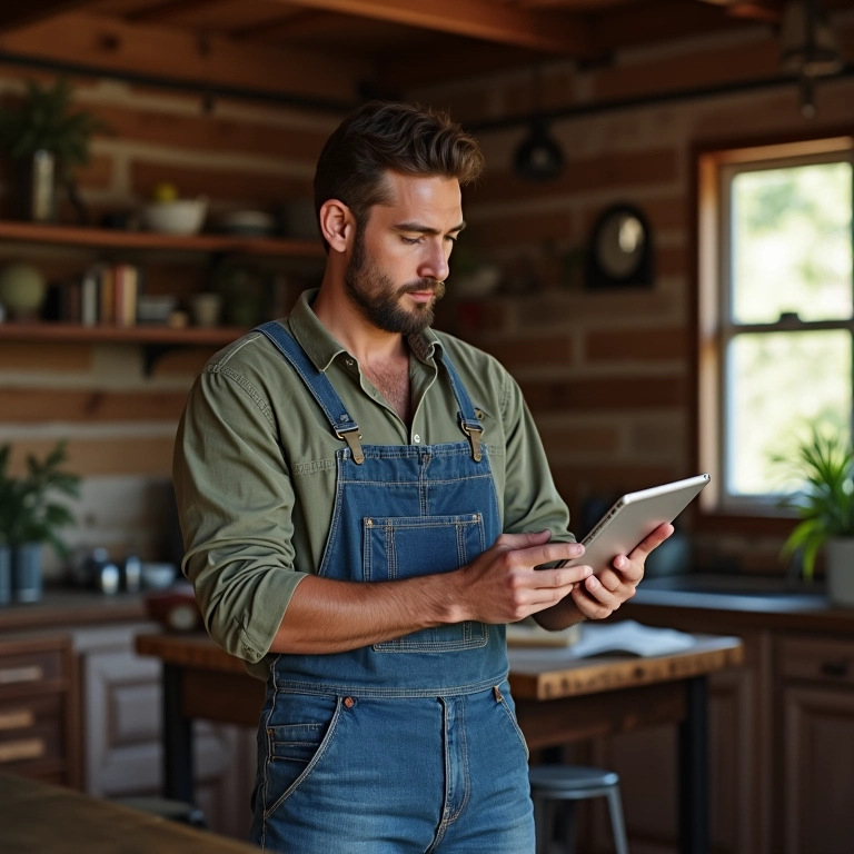 Montador de móveis MEI analisando seus impostos simplificados em um tablet.