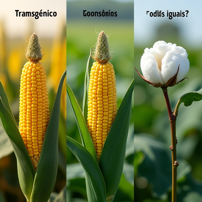 Montagem de diferentes culturas transgênicas com a pergunta 'Transgênicos são todos iguais?'