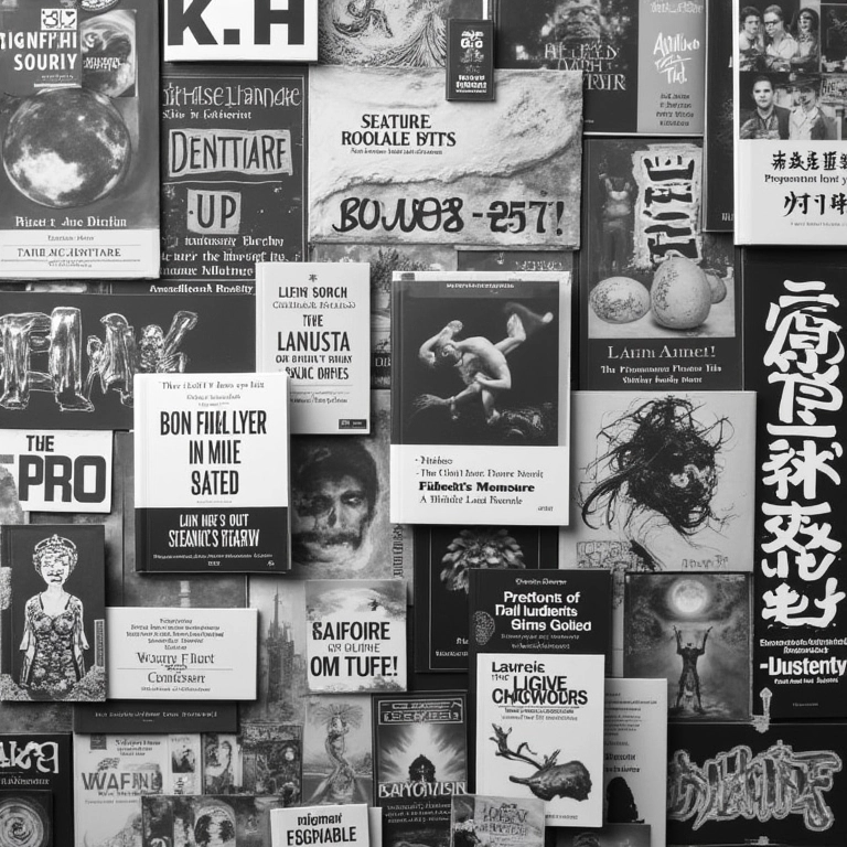 Montagem de fotos em preto e branco de livros censurados, obras de arte destruídas e vozes suprimidas.