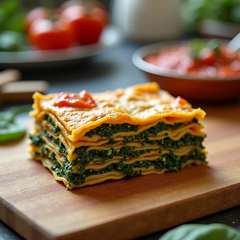 Montagem de lasanha com recheio de ricota e espinafre em cozinha.