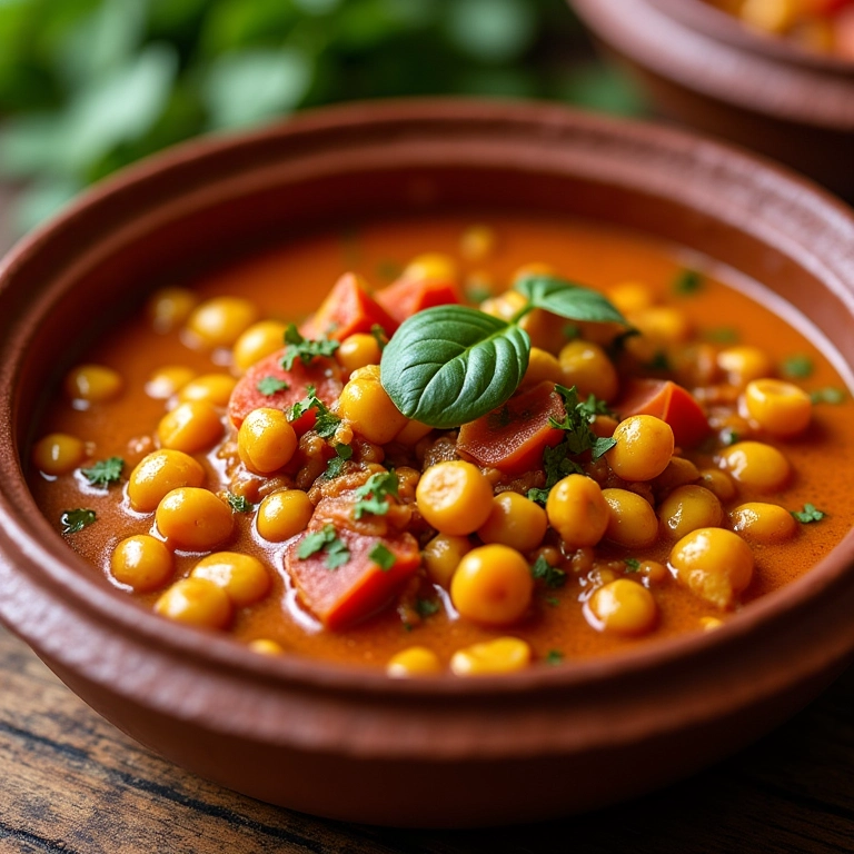 Moqueca de grão de bico com palmito pupunha, tomate e pimentões.
