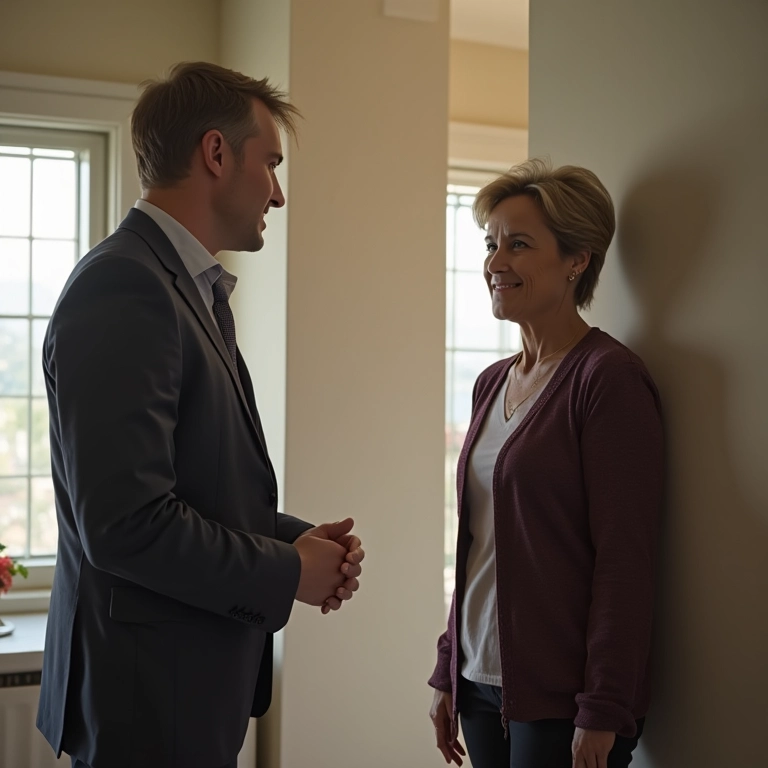 Morador conversando com síndico sobre autorização para reforma em apartamento antigo.