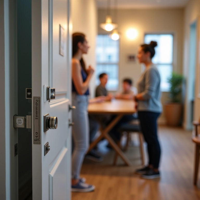 Moradores de coliving interagindo em área comum, com sistema de segurança visível.