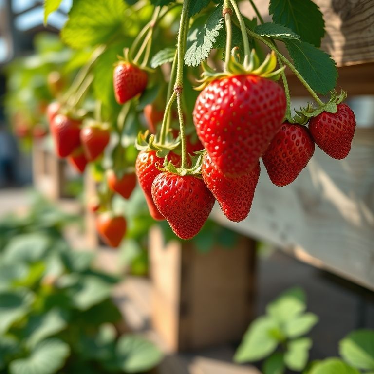 Morangos maduros pendurados em horta vertical.