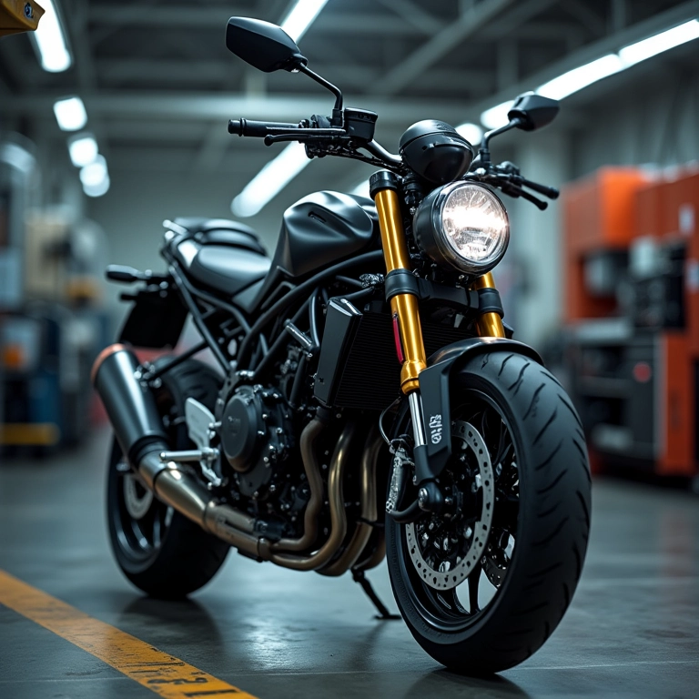 Motocicleta em um centro de inspeção veicular.