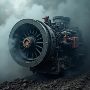 Motor a diesel com fumaça e sinais de desgaste, representando um motor descontrolado.