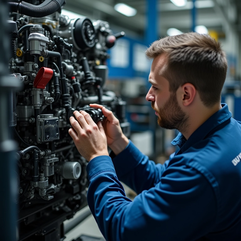 Motor a diesel em manutenção, com mecânico ajustando o sistema de injeção.