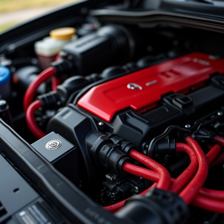 Motor de carro com cabos de vela de silicone vermelhos, evidenciando a melhora na ignição.