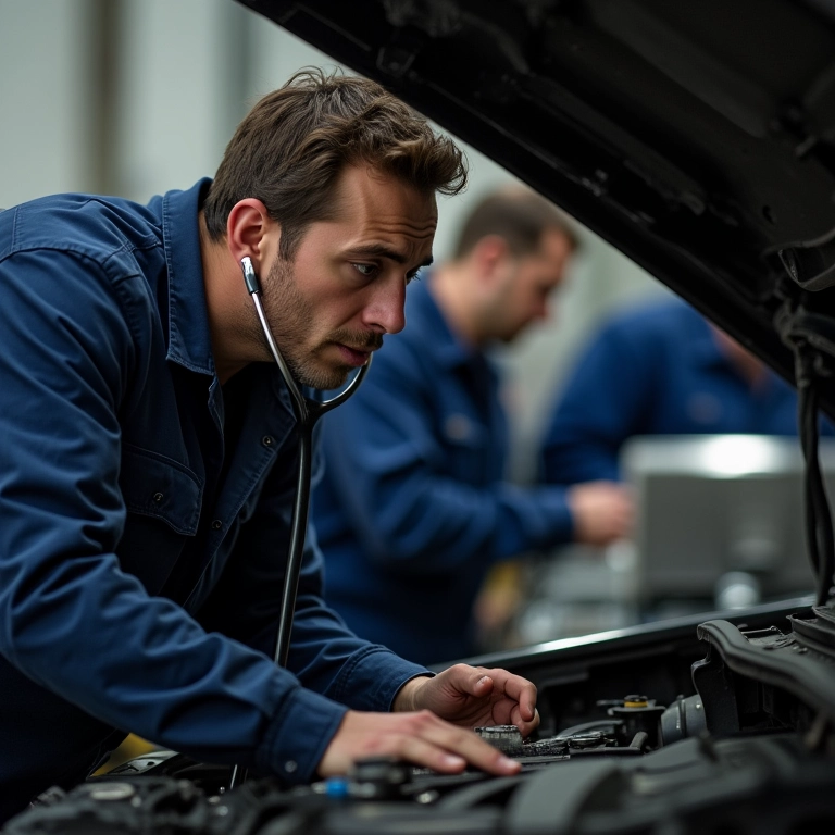 Motor de carro em marcha lenta irregular, mecânico examinando.