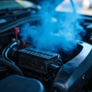 Motor de carro emitindo fumaça azul, indicando possível problema.