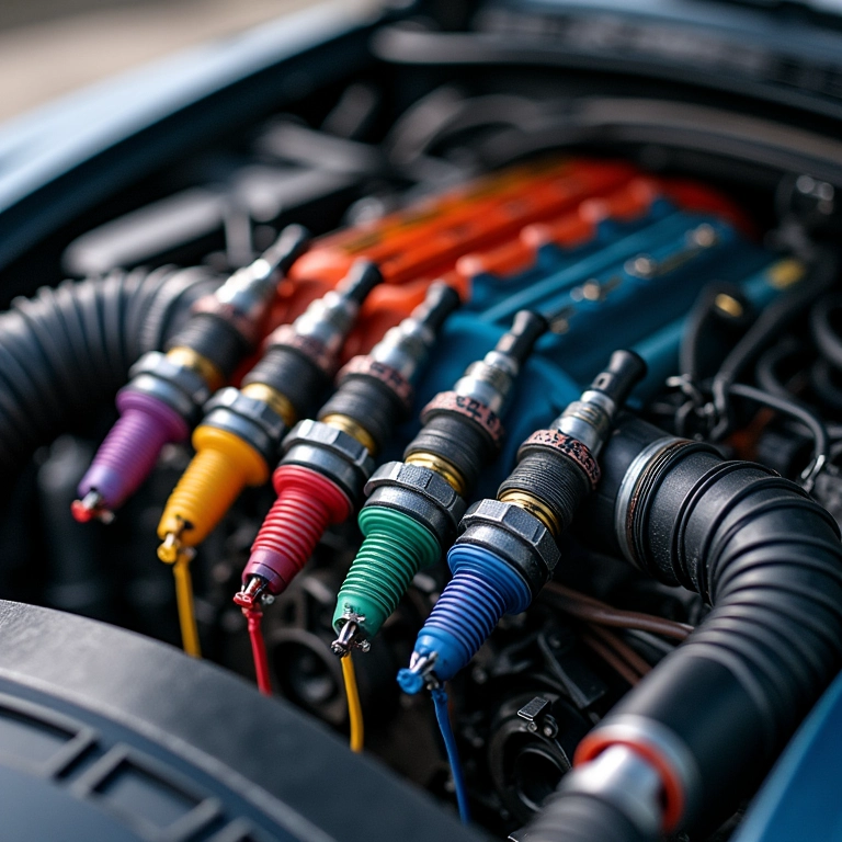 Motor de carro personalizado com cabos de vela de silicone coloridos, mostrando estilo e personalização.