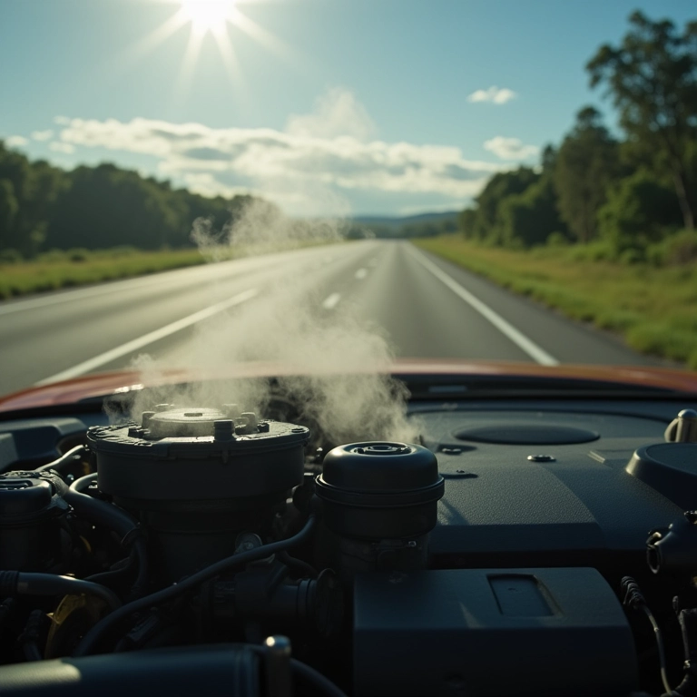 Motor de carro superaquecendo com fumaça saindo no acostamento.