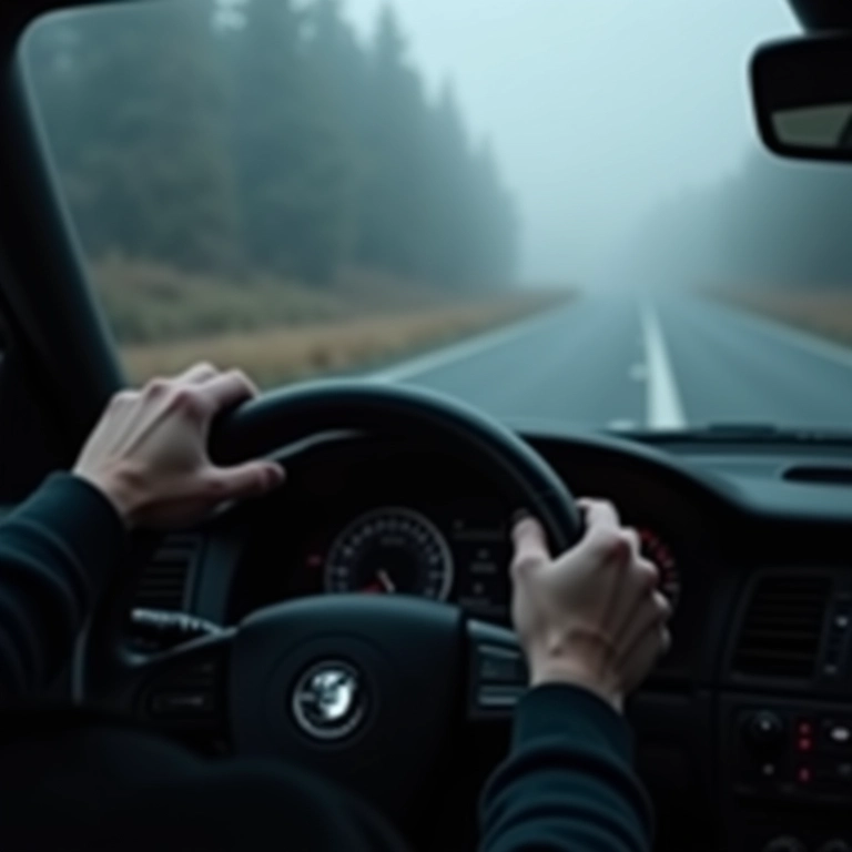 Motorista com atenção redobrada dirigindo na neblina.