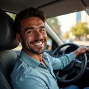 Motorista de Uber sorrindo dentro de um carro moderno em cenário urbano brasileiro.