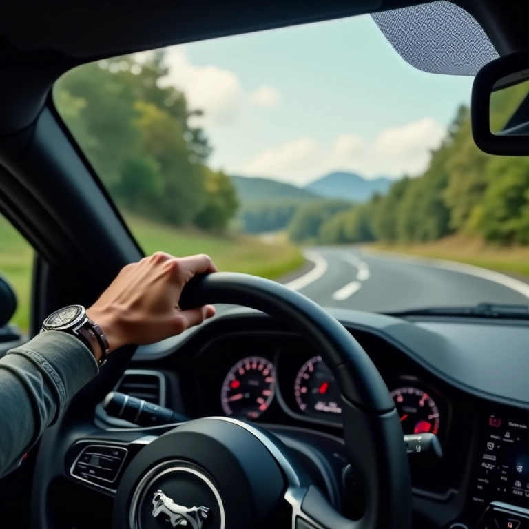 Motorista dirigindo um carro turbo em uma estrada sinuosa.