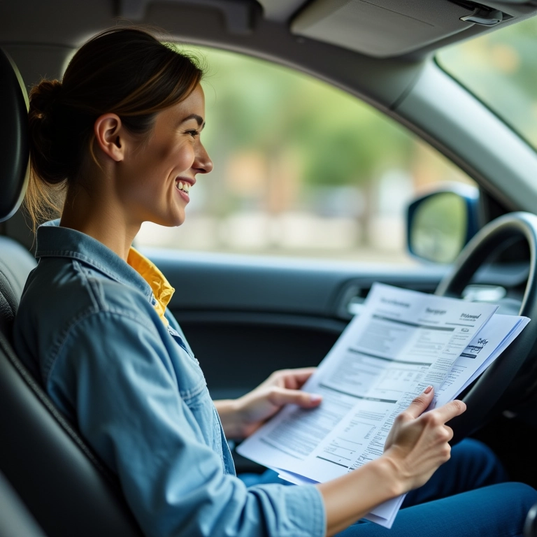 Motorista MEI sorrindo ao analisar formulários de impostos simplificados.