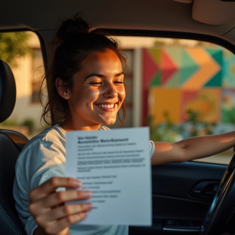 Motorista MEI sorrindo ao receber notificação de benefícios previdenciários em casa.
