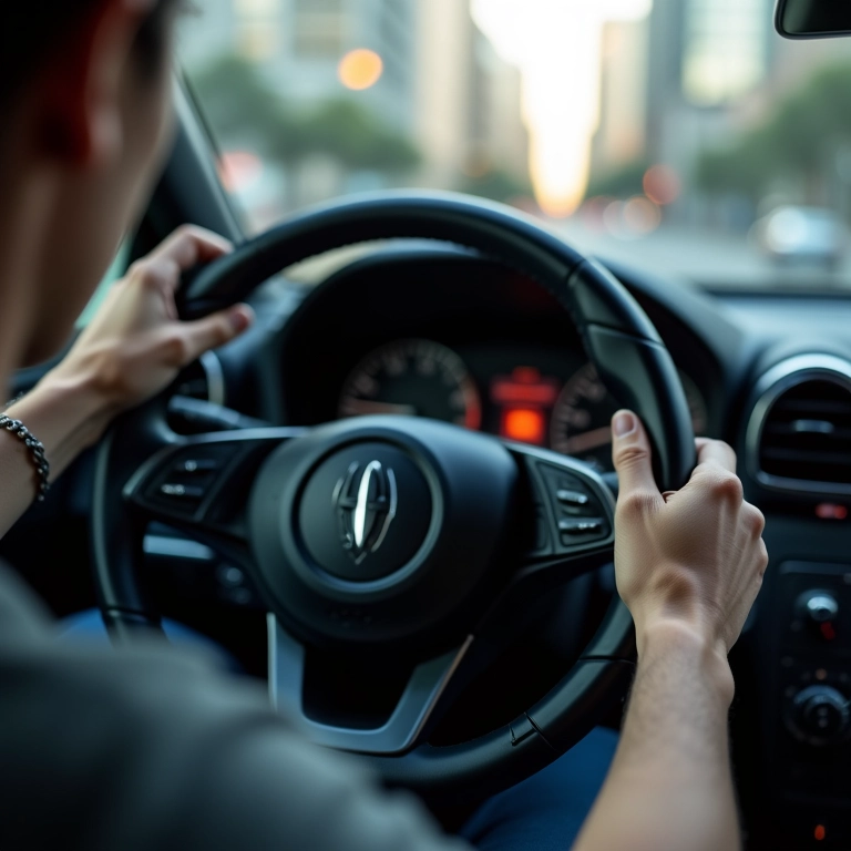 Motorista segurando o volante esportivo confortavelmente, demonstrando conforto ao dirigir.