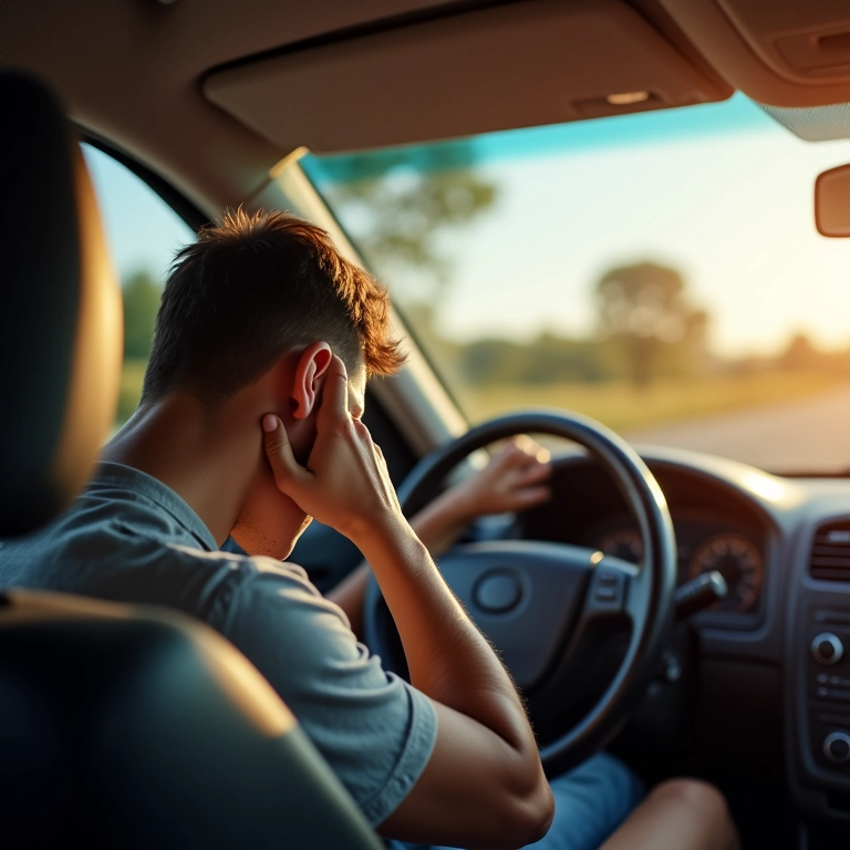 Motorista suando em carro com ar condicionado quente.