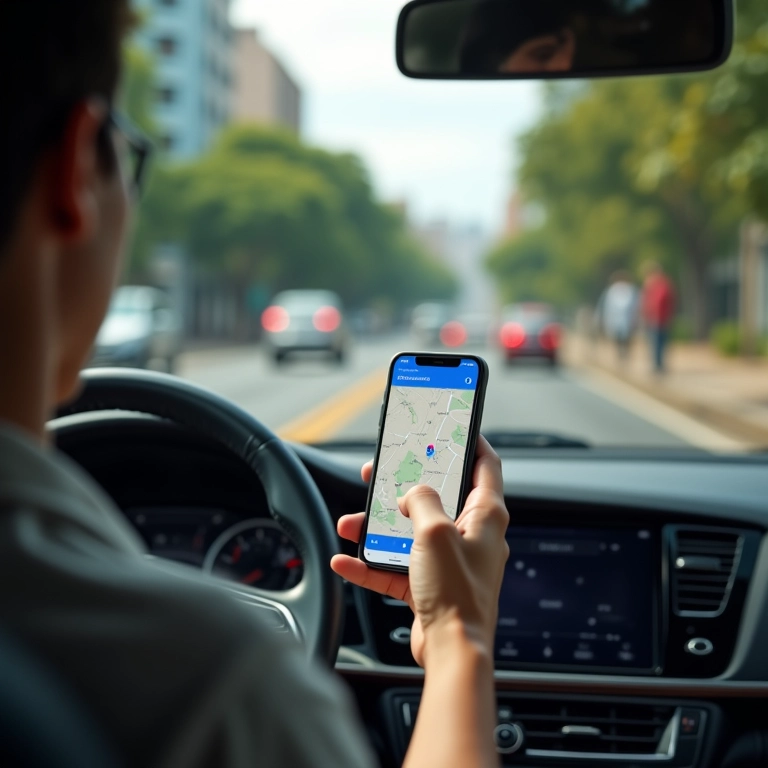 Motorista utilizando o Google Maps para navegação em rua movimentada.
