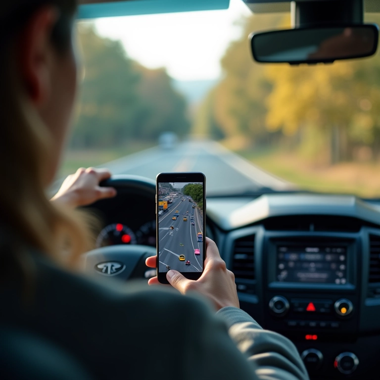 Motorista verificando o Waze com alertas de trânsito.