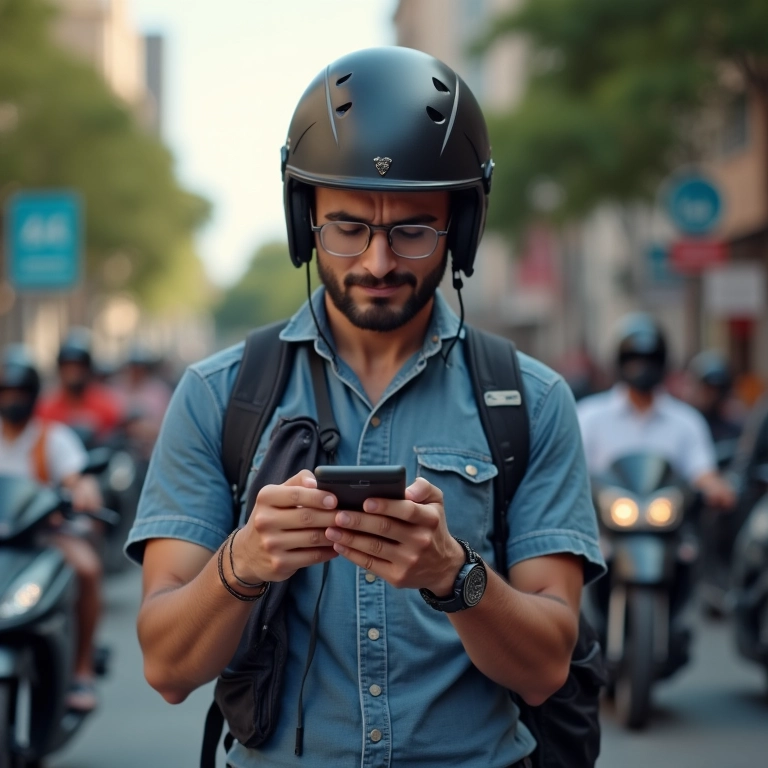 Mototaxista checando no celular se sua cidade permite MEI.