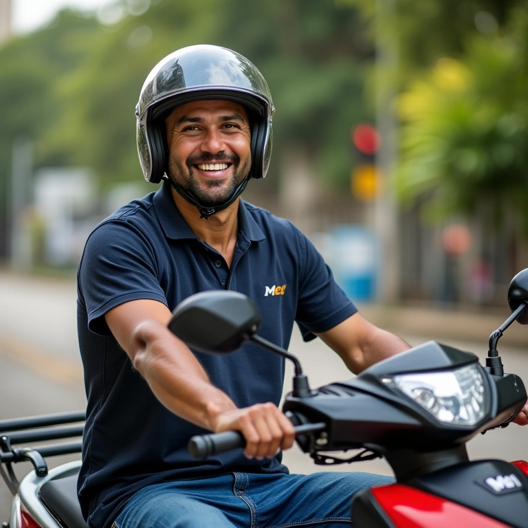 Mototaxista sorrindo ao receber benefícios do MEI.