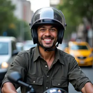 Mototaxista sorrindo em São Paulo, pronto para o trabalho.