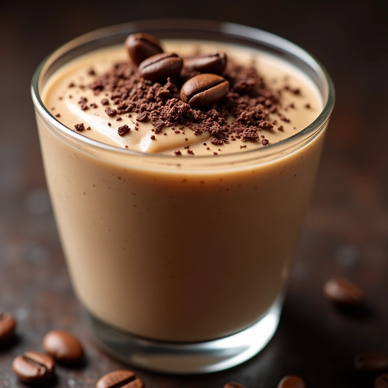 Mousse de café decorado com grãos e chocolate.