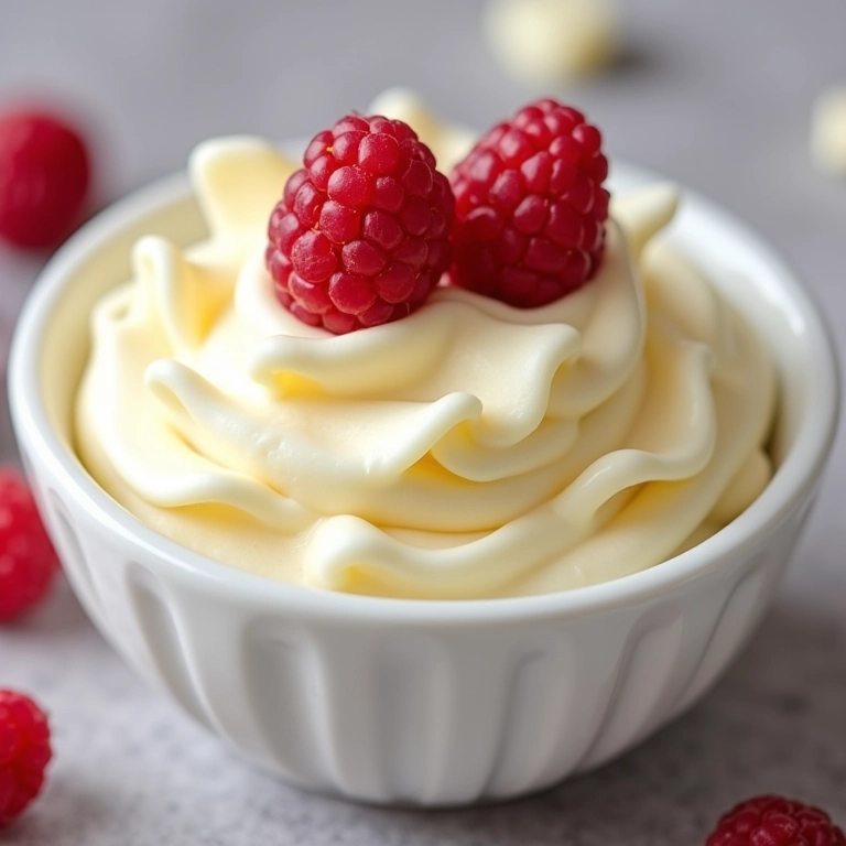 Mousse de chocolate branco em taça delicada, decorada com framboesas.