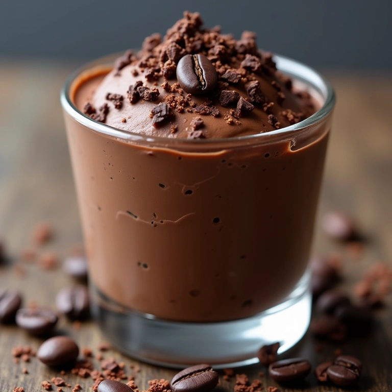 Mousse de chocolate com café em camadas, decorada com grãos de café.