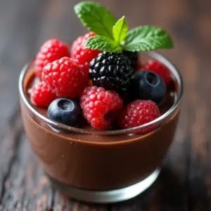 Mousse de chocolate cremoso decorado com frutas vermelhas e hortelã.