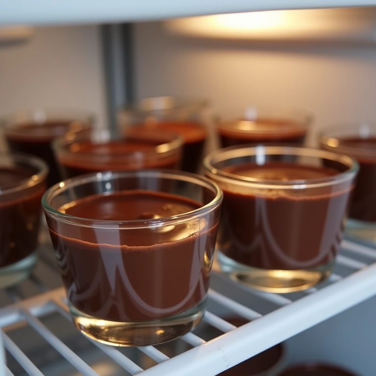 Mousse de chocolate gelando em ramequins de vidro na geladeira.
