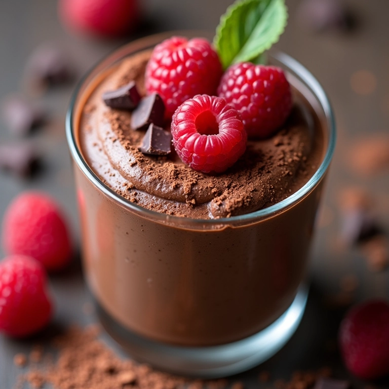 Mousse de chocolate low carb cremosa em taça, decorada com framboesas.