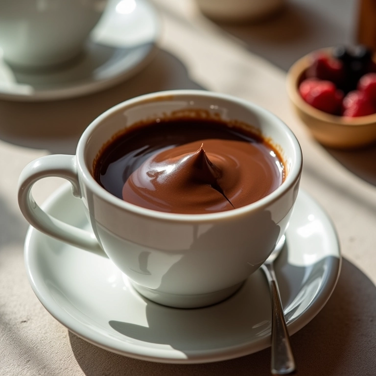 Mousse de chocolate servida como lanche da tarde acompanhada de café.
