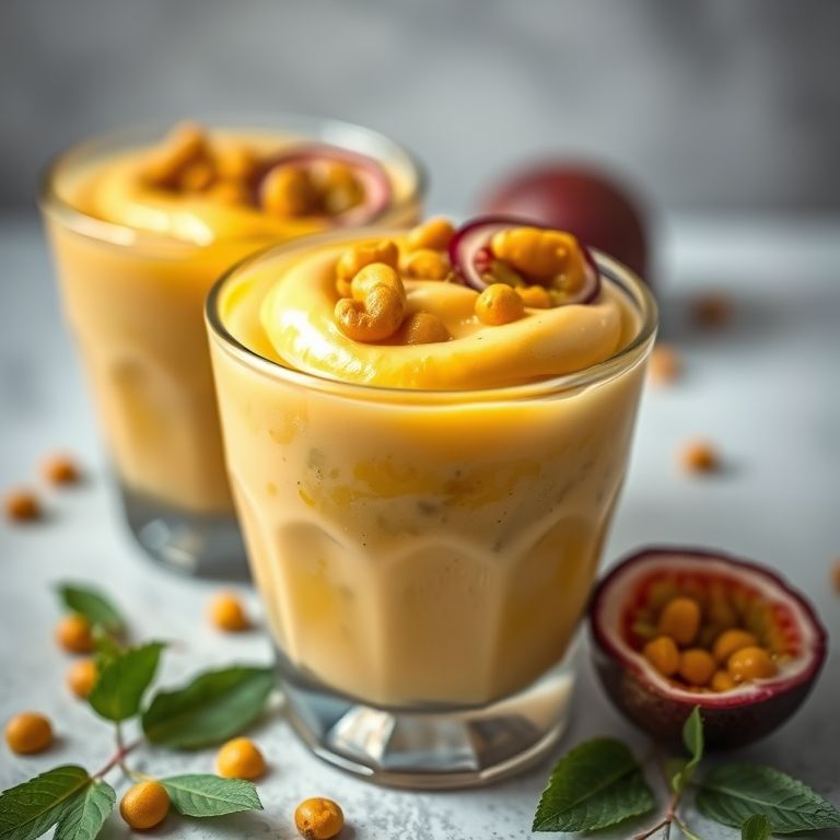 Mousse de maracujá com leite condensado, uma sobremesa leve e refrescante.
