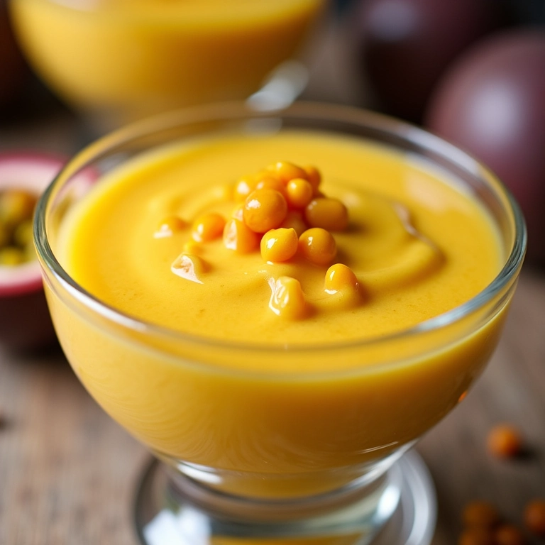 Mousse de maracujá cremoso em tigela de vidro.