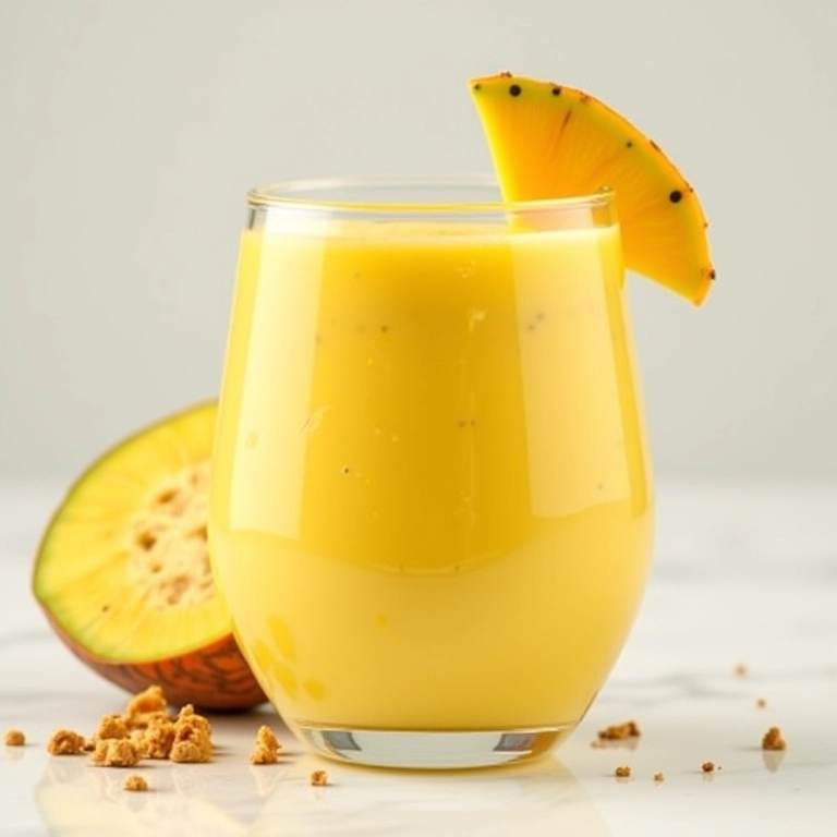 Mousse de maracujá fit com whey protein, servido em um copo elegante com decoração tropical.