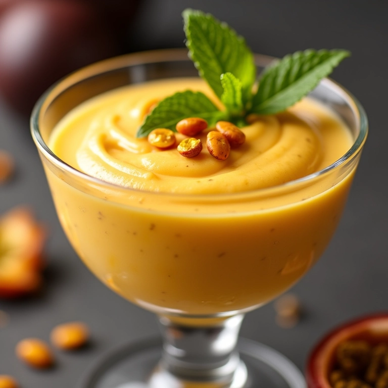 Mousse de maracujá light em bowl de vidro, com sementes e hortelã.